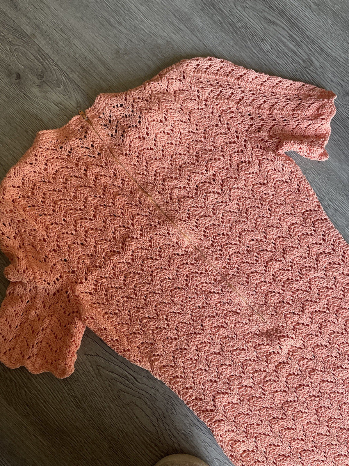 Salmon pink vintage open crochet mid length zipper back dress 60s or 70s 1970s