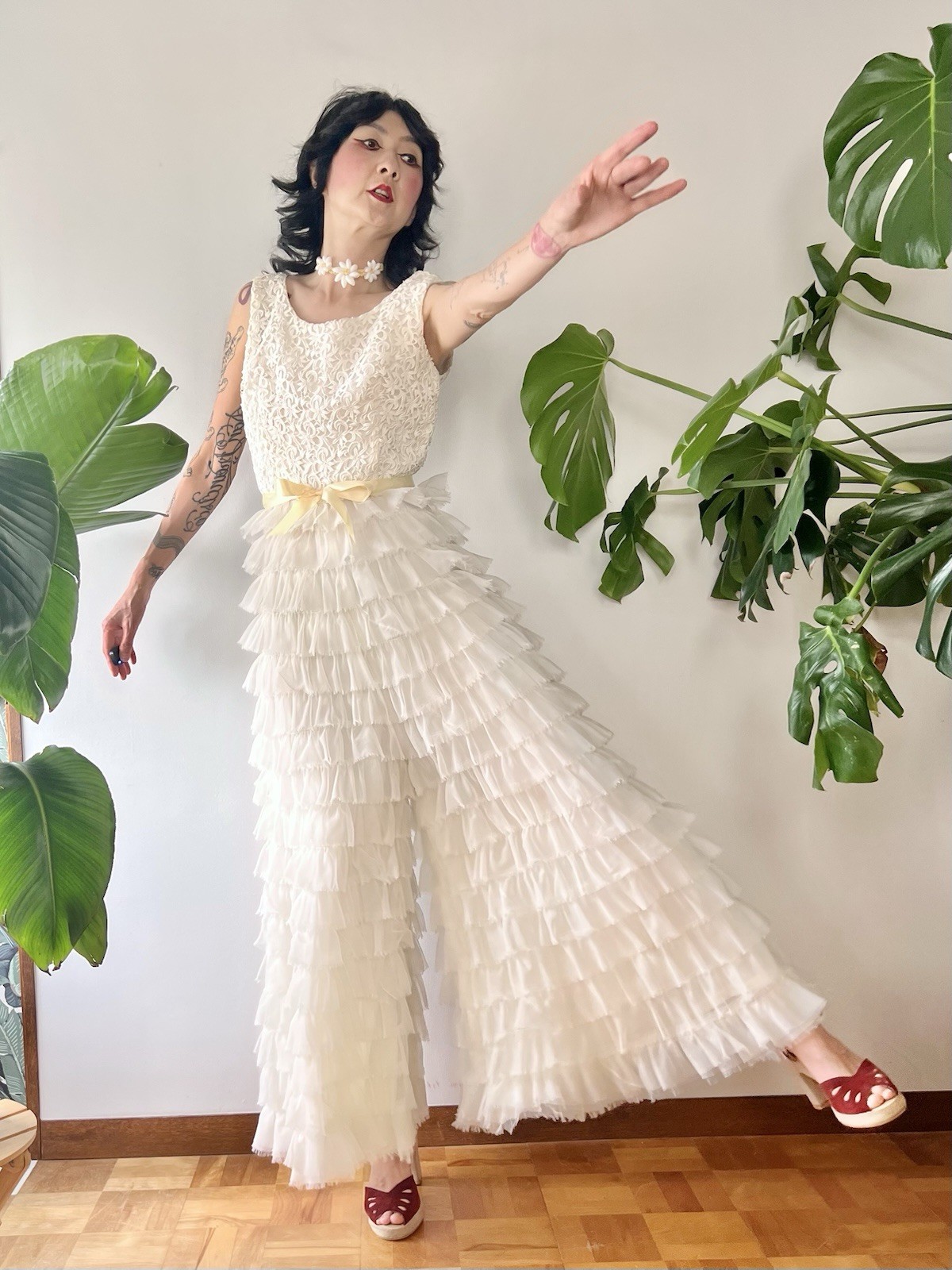 VTG 60s Kadine Lace Palazzo Jumpsuit White Tiered Chiffon Ruffle Mod Bridal S