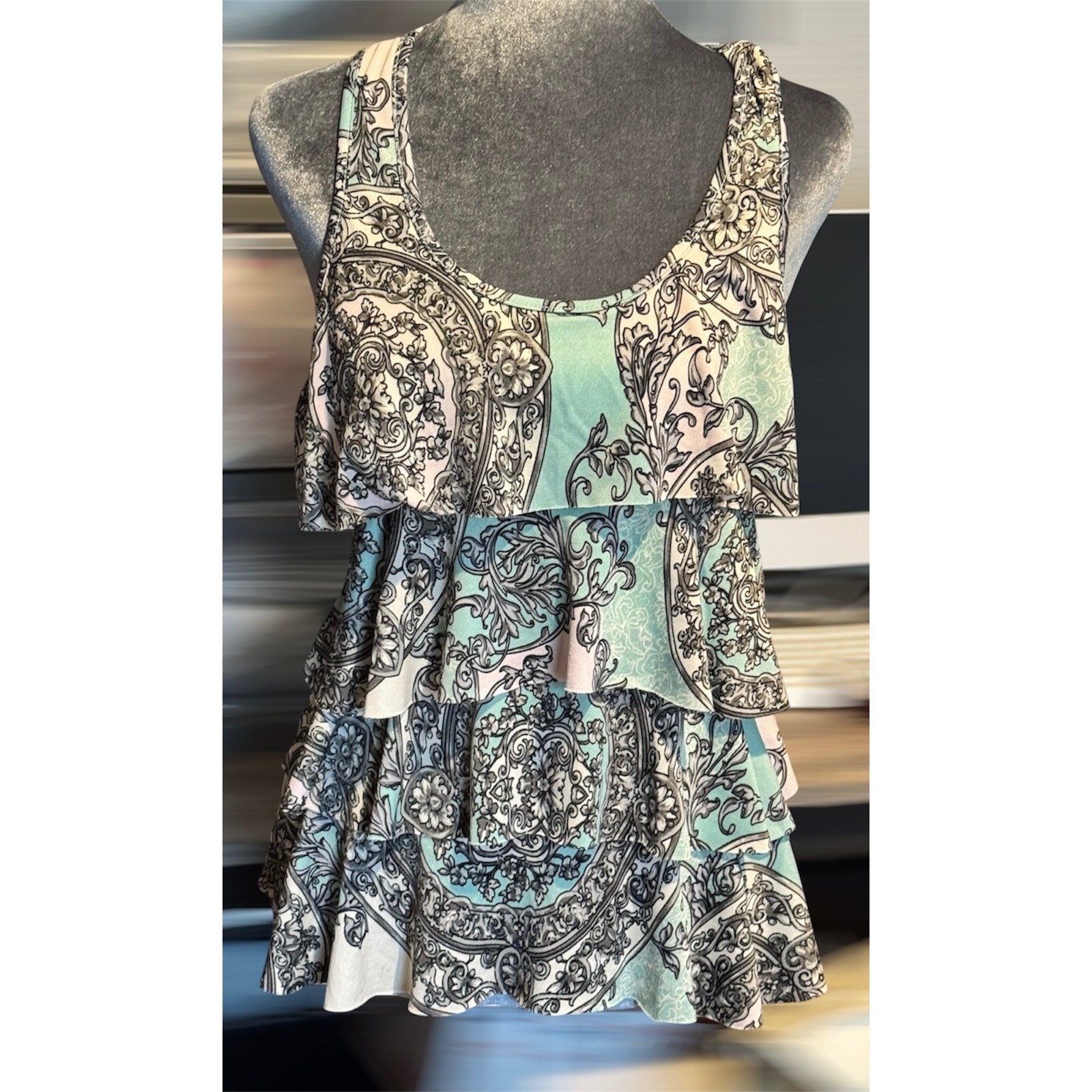 Vintage Y2K Wet Seal Ruffle Tiered Tank Top Teal Baroque Paisley Size M VGC