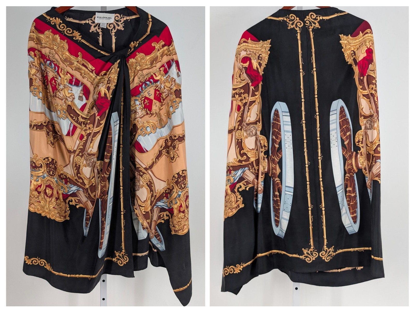 Vintage 90s Emanuel Ungaro Silk Baroque Chariot Print Drape Cape Blouse 10