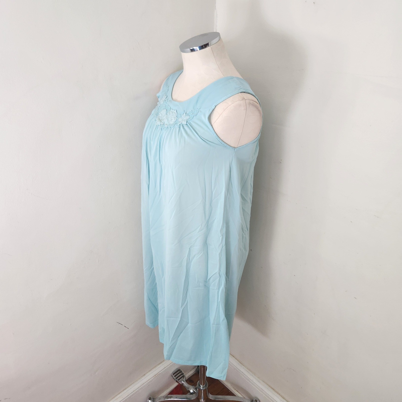 Vintage Philmaid Light Blue Nylon Shift Gown Floral Embroidered Nightgown Small