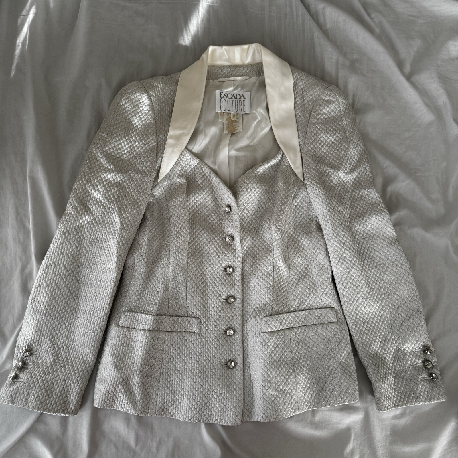 Vintage ESCADA COUTURE Silk Cotton White Silver Suit Jacket Blazer sz 34 Luster