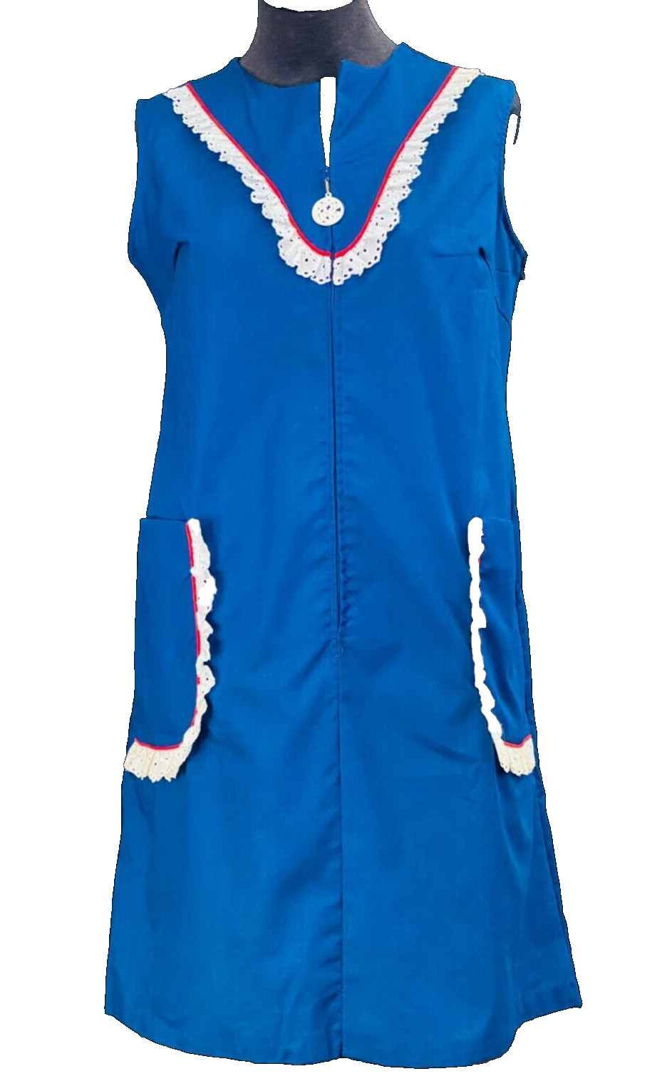 Vintage 1970s blue sleeveless dress, short lounge house summer pockets M L