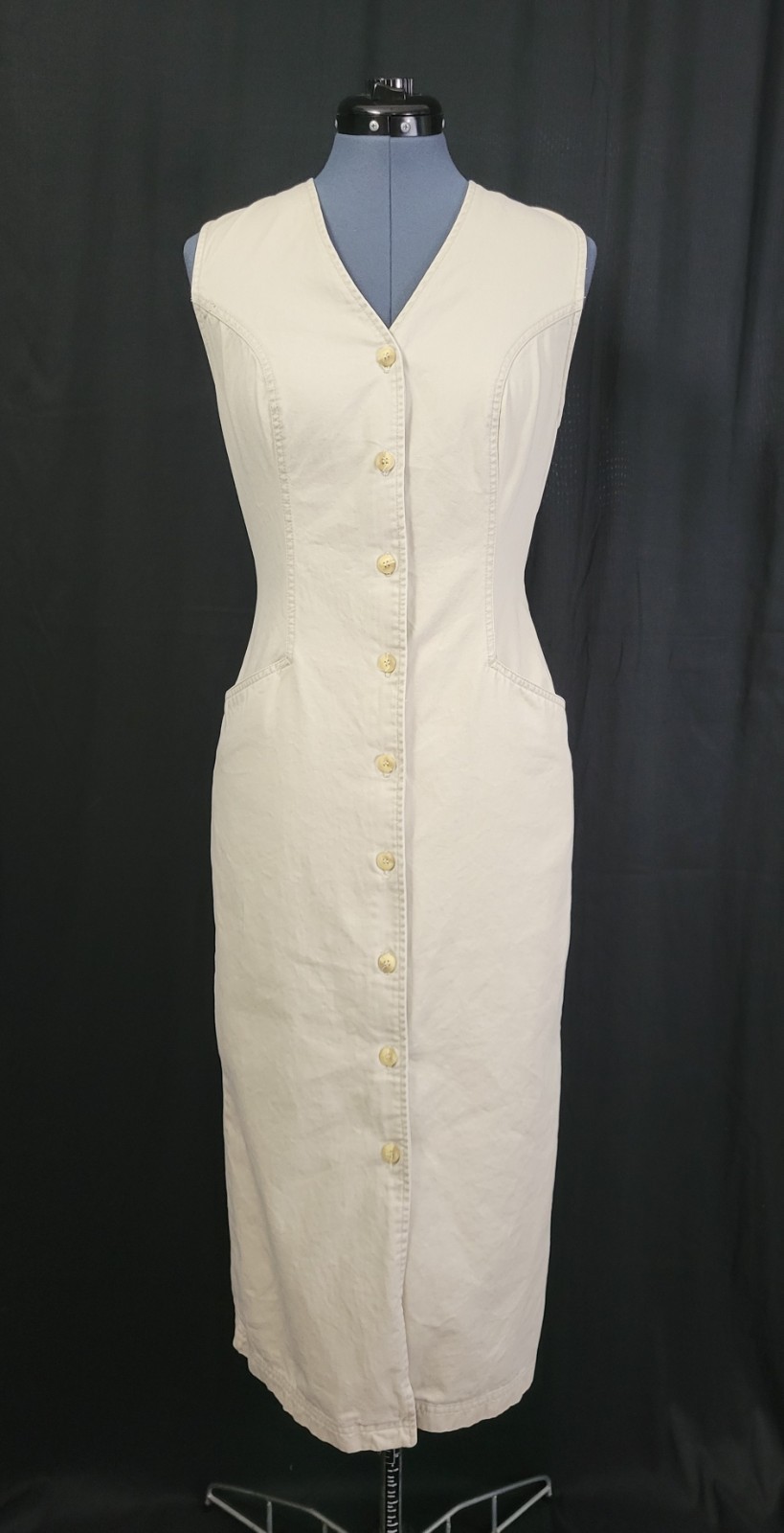 Vintage Gloria Vanderbilt Khaki Button Down Sheath Dress w Pockets Size S