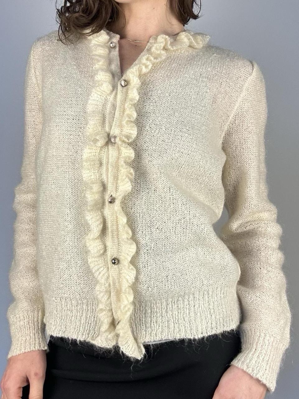 Cream Vintage Ruffle Trim Ultra Fine Wool Cardigan Size Medium