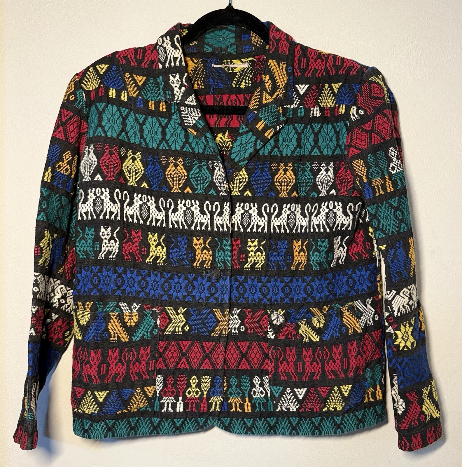 Vintage Guatemalan Hand Woven Knit Blazer Jacket Women Size M Mayan Colorful 90s