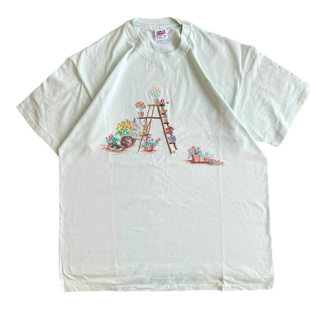 Vintage Anvil Pastel Mint Green Cotton Embroidered Flowers Tee T-Shirt XL