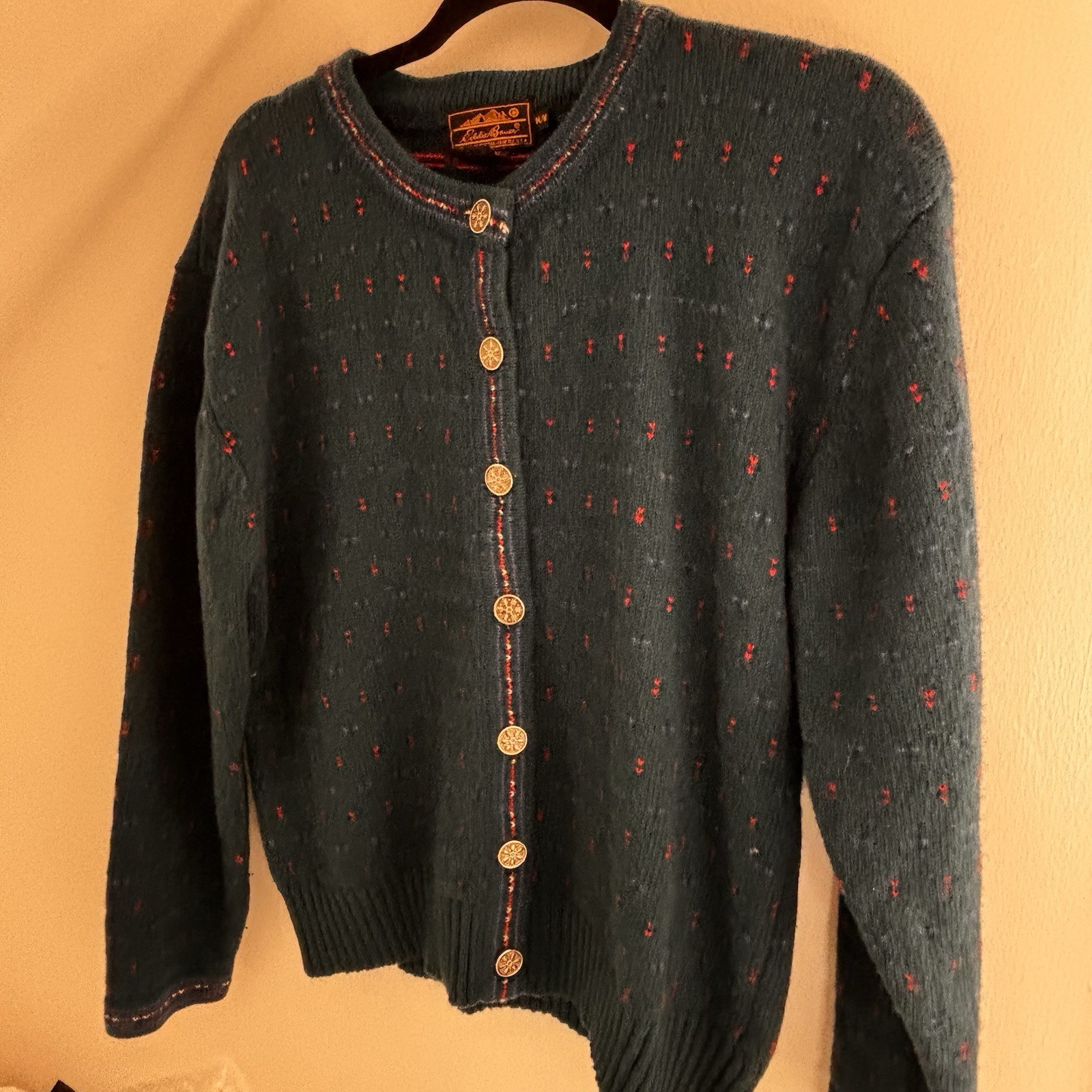 Wool Blend Cardigan Sweater M Dark Green Teal birdseye Vtg Eddie Bauer Snowflake