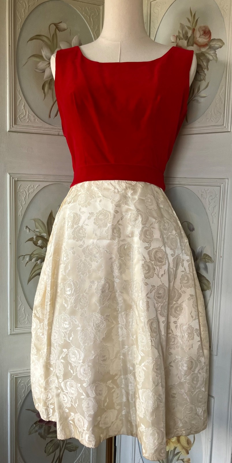NWOT NEW VTG 50s PARTY DRESS SLVLSS RED VELVET CREAM JACQUARD+LACE SHRUG 13/14