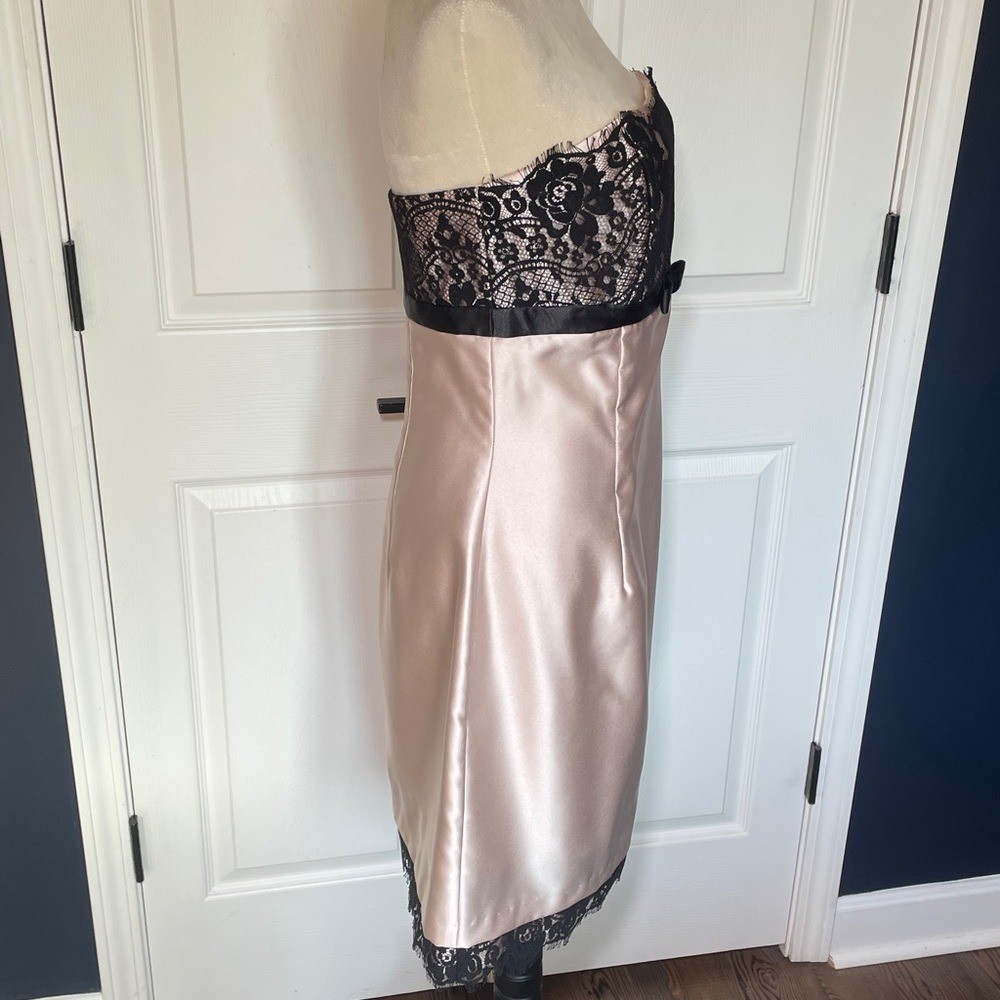 Vintage Scott McClintock Blush Satin Black Lace Strapless Midi Dress Size 12 Y2K