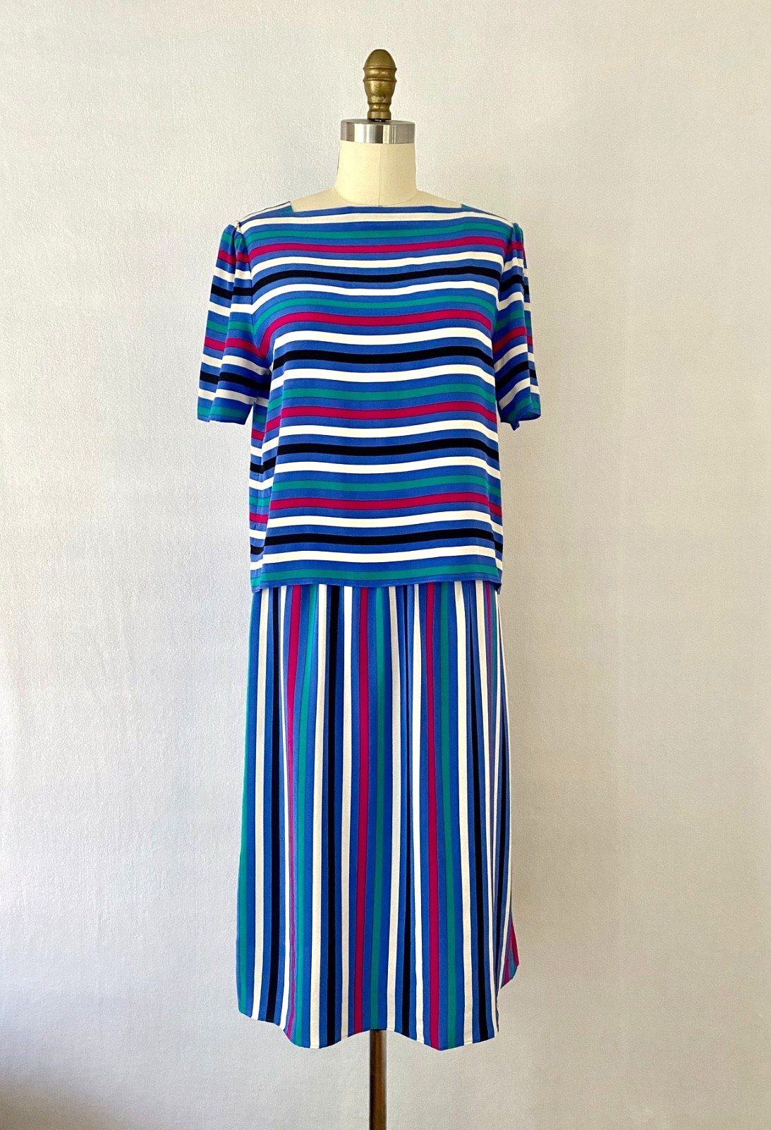 Ca. 1980s Vintage Striped Silk Skirt and Blouse Set by Silk Studio