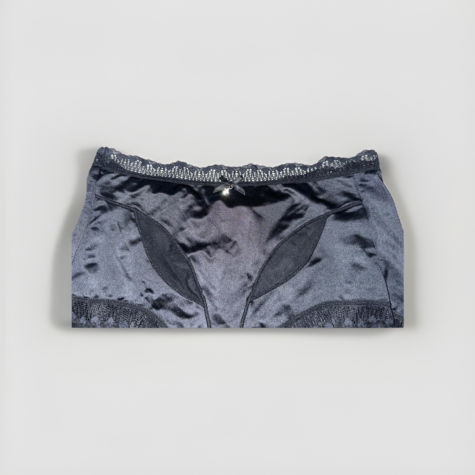 ~Shiny Large Black With Gem Nylon Lace Blended Panties W/Bow Cotton Gusset New