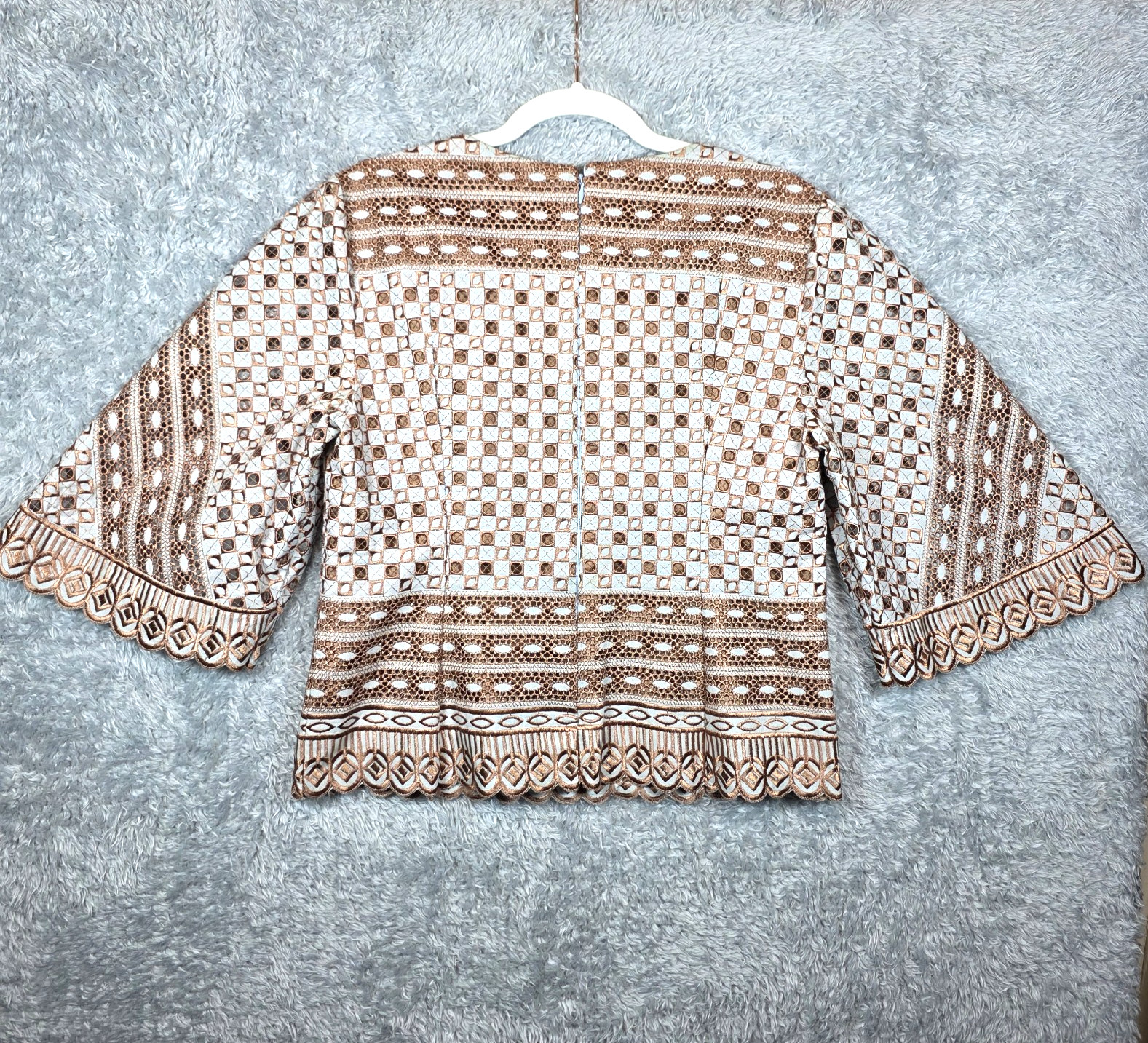 Vtg 70s Guipure Lace V-Neck Top Copper Geometric Cutwork Boho Scalloped Peplum M