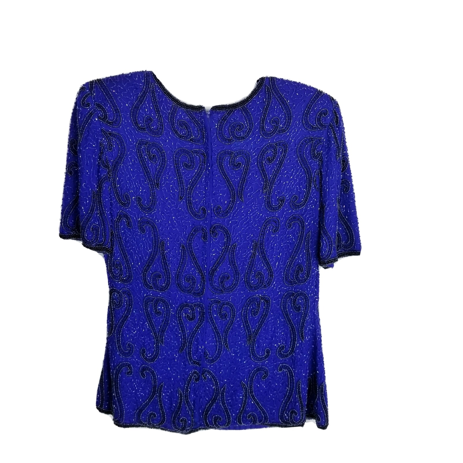Stenay Medium beaded evening blouse Women royal blue short sleeve zip up vintage