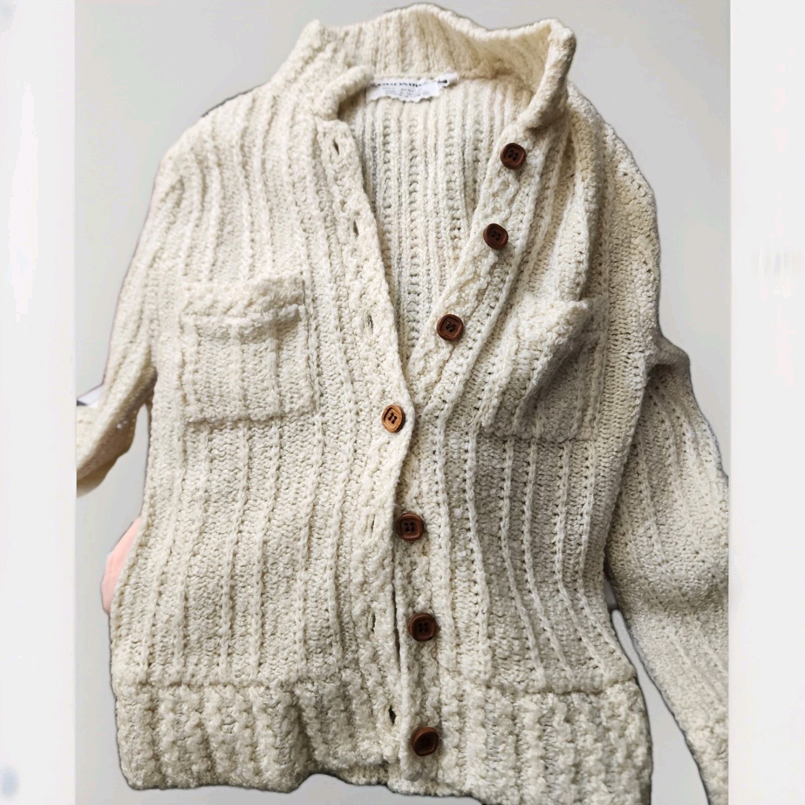 Sweater Women&rsquo;s Small Ivory Vtg Beldoch Popper Cottage Cardigan Chunky Knit