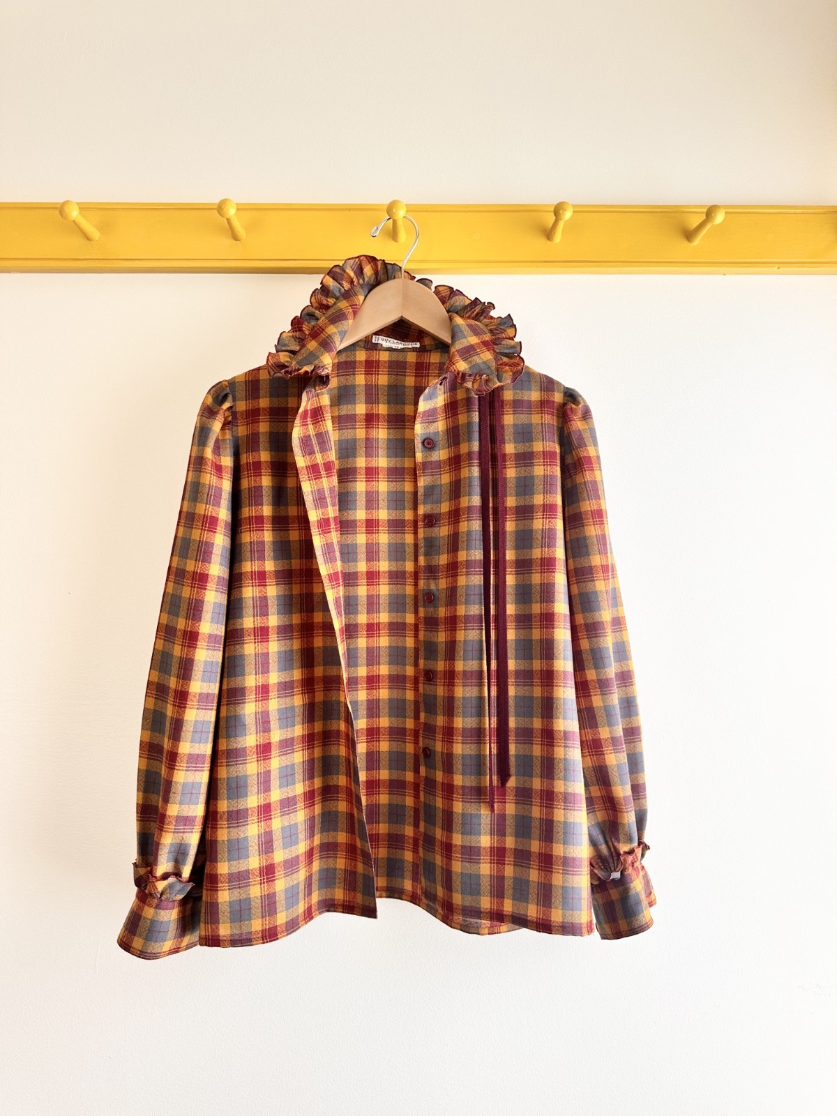 Vintage 70s GUY LAROCHE Paris fine wool plaid ruffle collar blouse top shirt S M