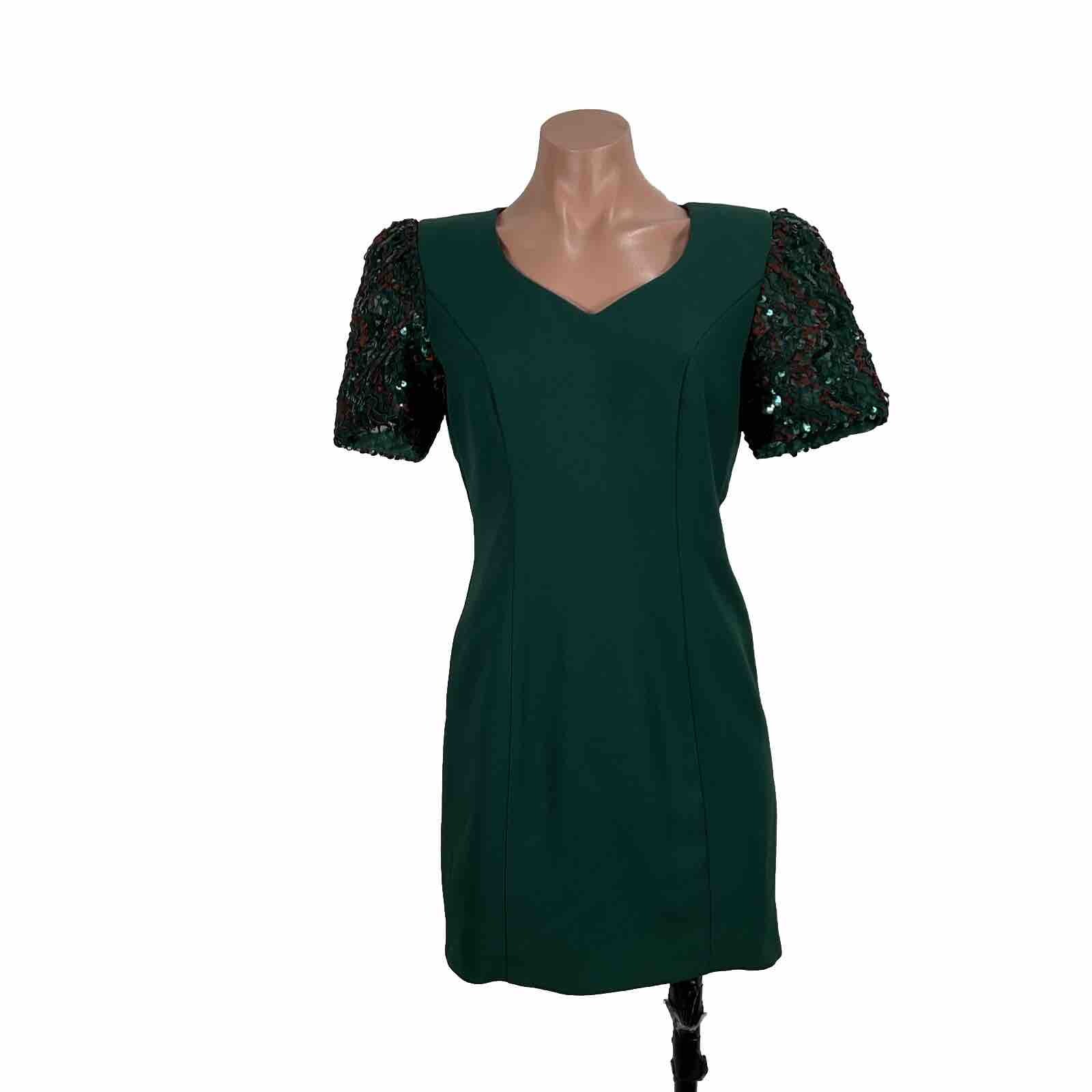 Vintage 80s Lori Max Dress Green Sequin Puffy Sleeve Forest Green Acetate Mini 4