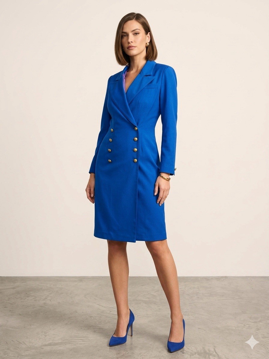 Vintage cobalt royal blue double breasted silk blazer dress sz 6 unbrand preppy