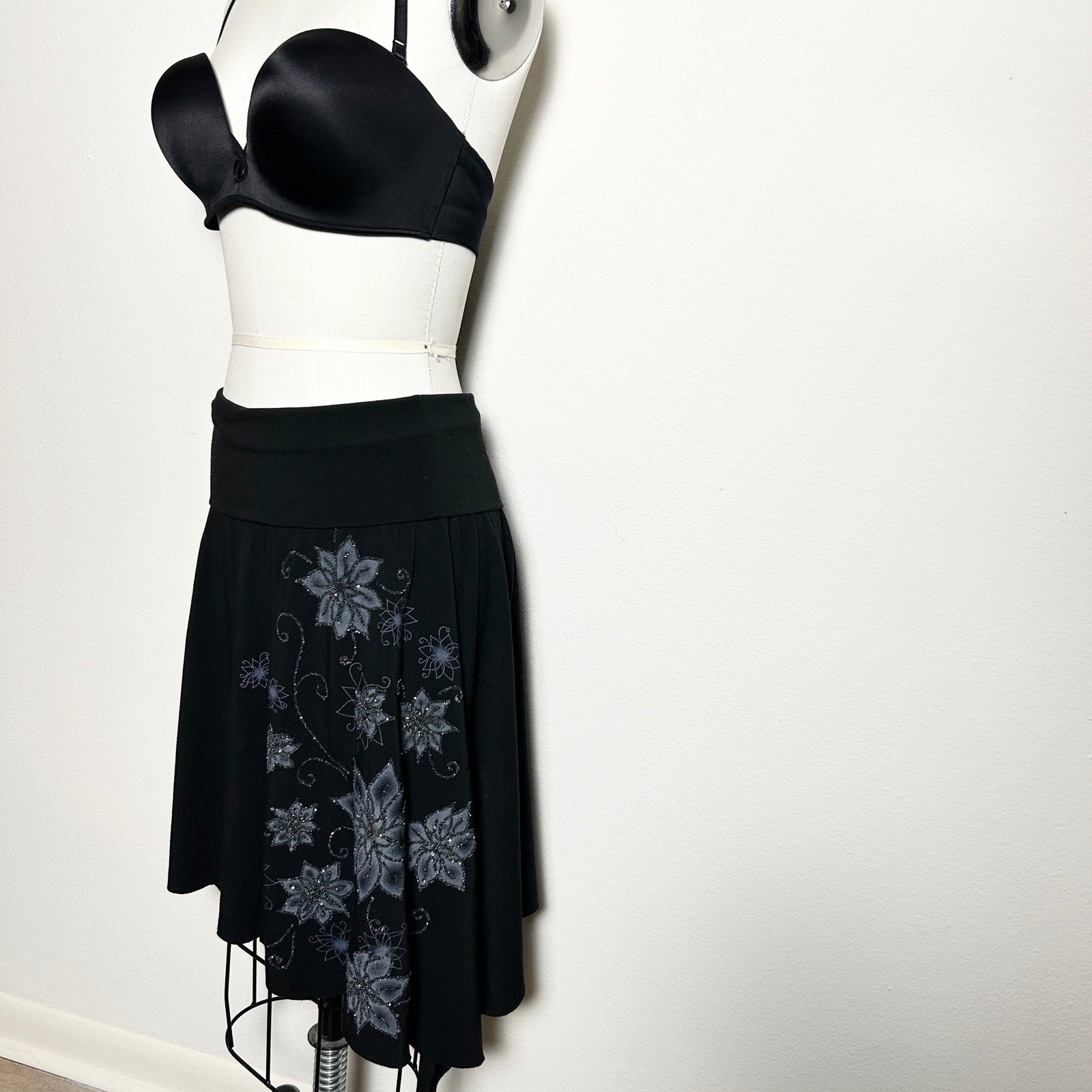 VTG Y2K ON&ON Convertible Strapless Dress Skirt Black Floral Beaded Fairy Hem OS