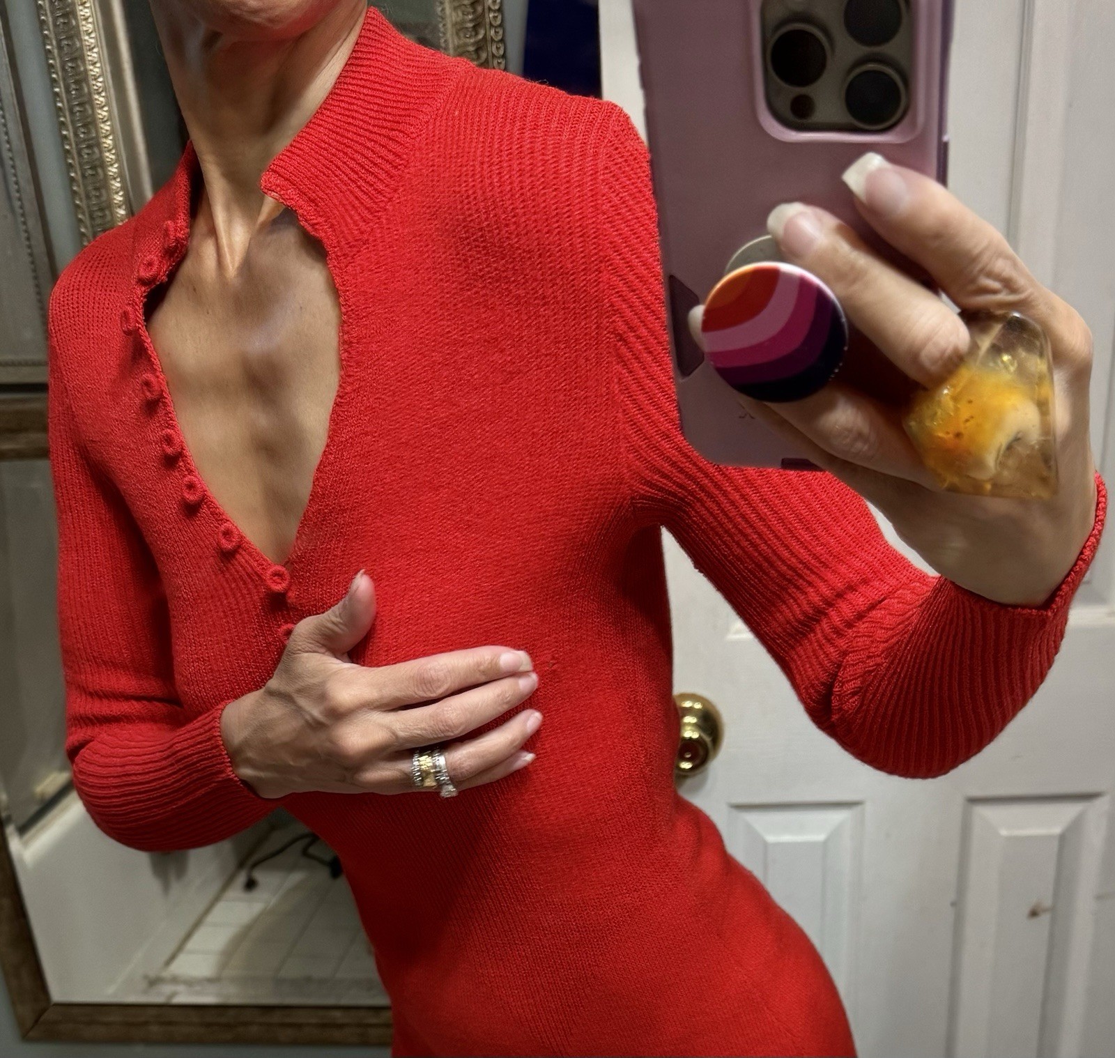 Vtg The Knit Group Stretch Acrylic Sweater Wiggle Dress Fitted Red Skinny Sleeve