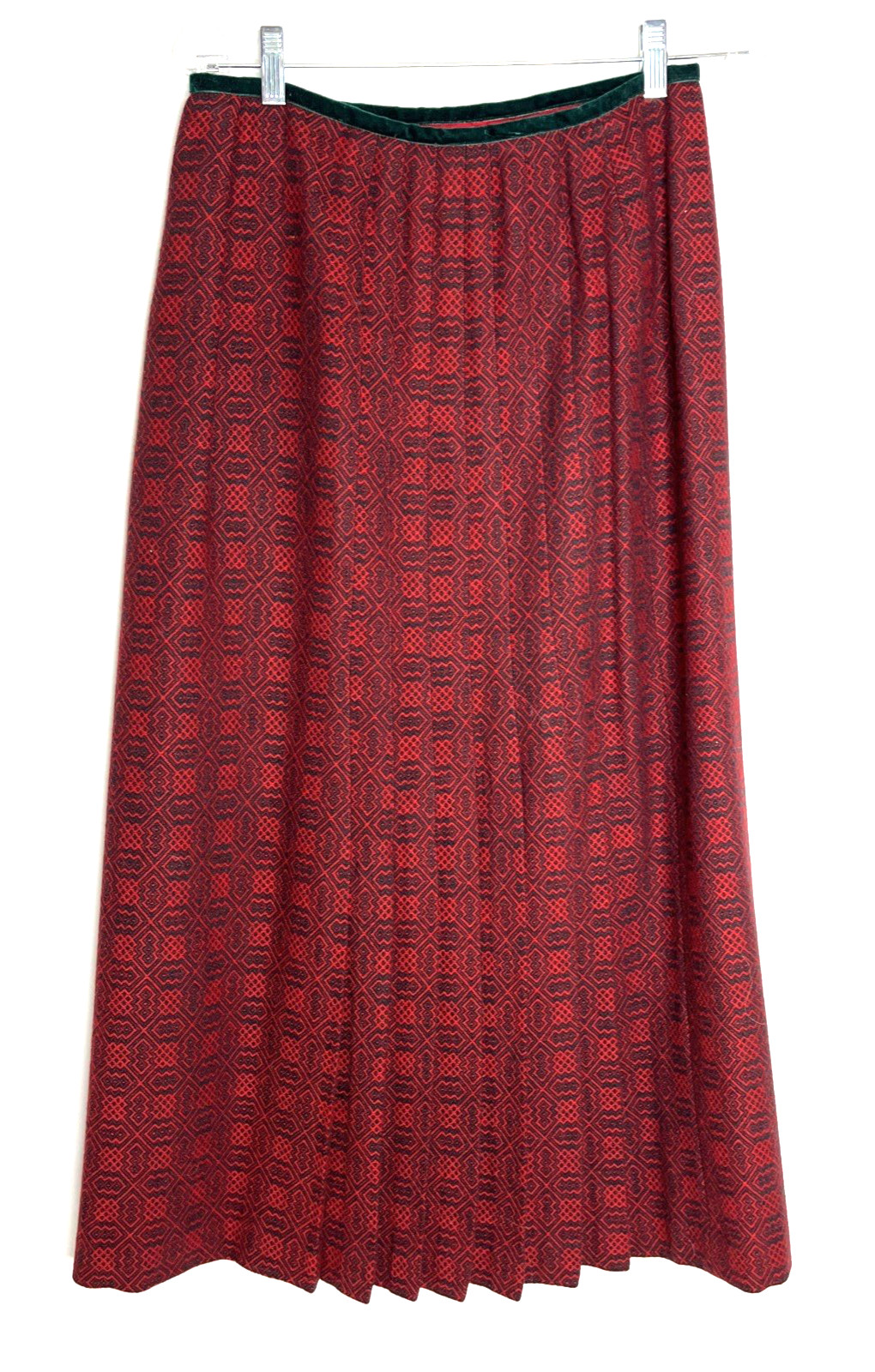 Vintage Cullinane Holiday Red Green Long Wool Pleated Skirt w/Velvet Trim Sz. 12