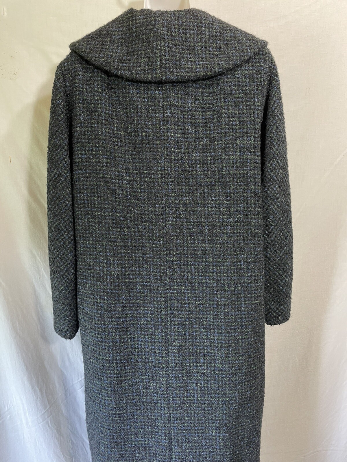 Vintage Coat Size Medium Large Long Wool Black Blue Green Gingham Overcoat M L