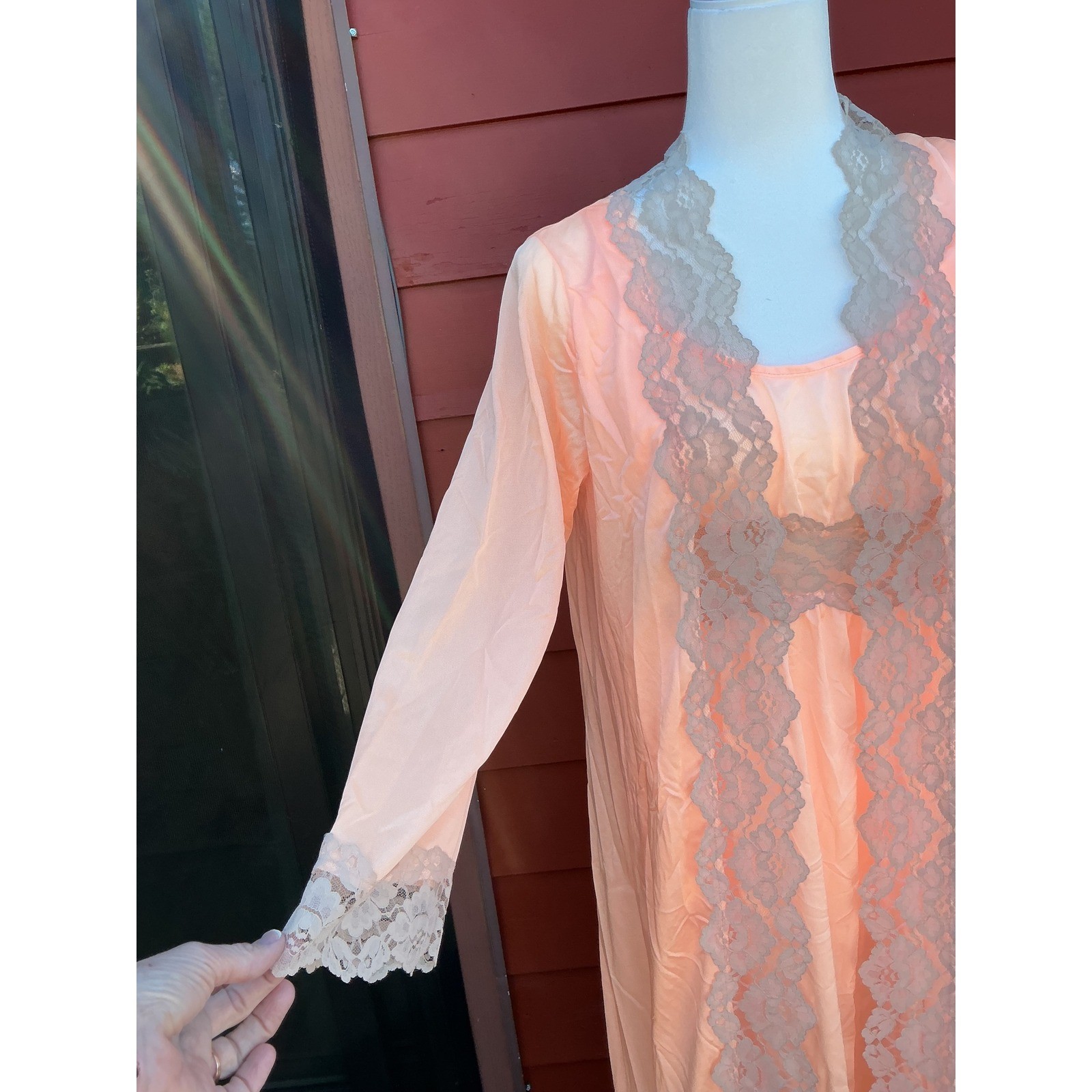 Undercover Wear Peignoir Set Wms S Petite Peach Lace Trim Vintage 70s Romantic