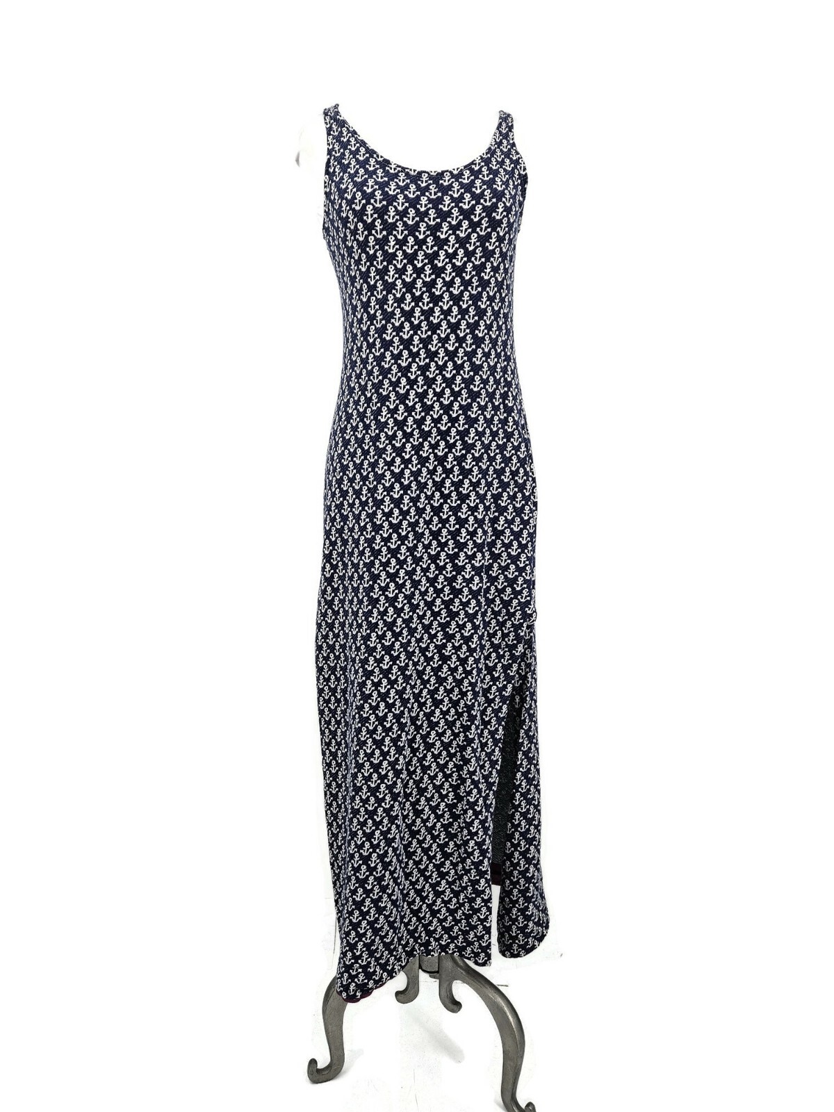 Vintage Fritzi of California Tank Maxi Dress Womens L? Navy Blue Anchors Slit