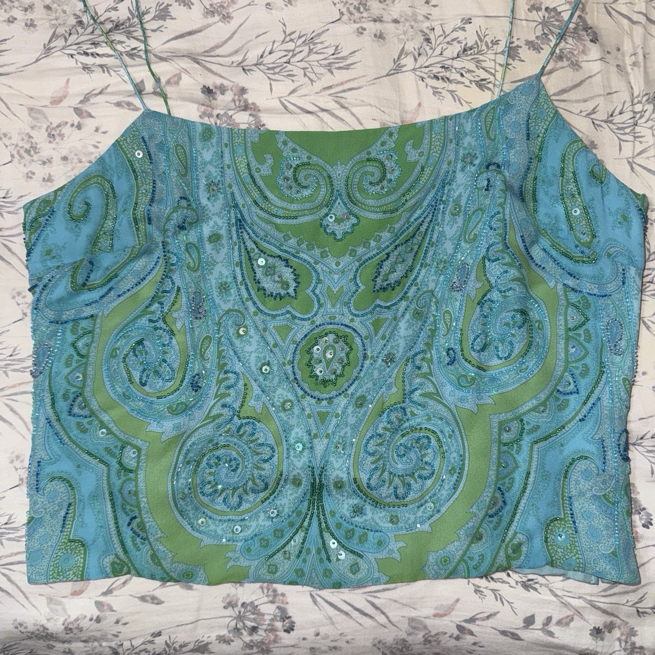 Kay Unger New York Silk Satin Blue Green Paisley Beaded Sequin Cami 12