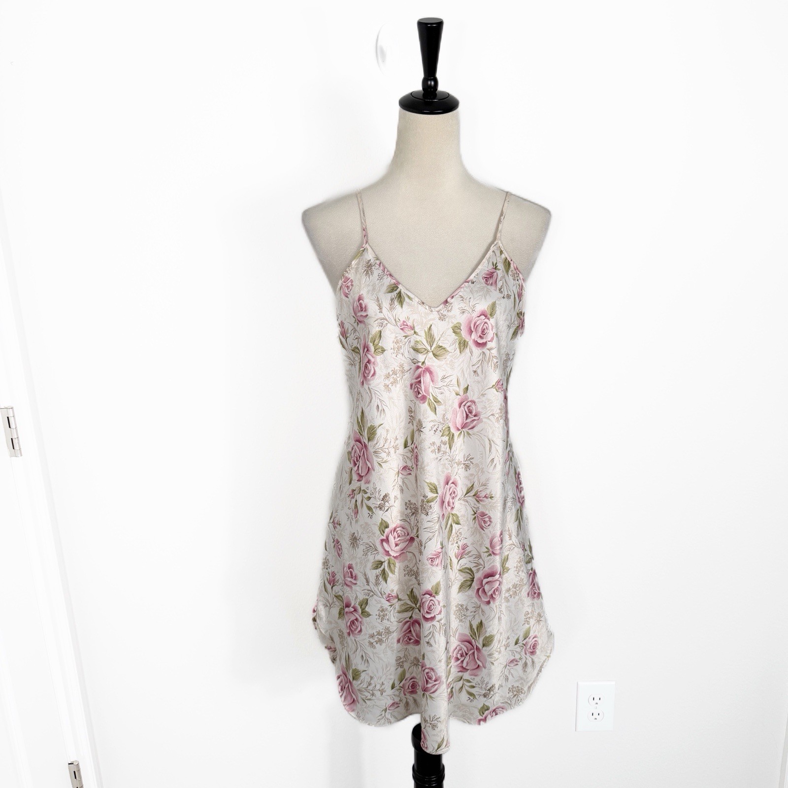 Dentelle Vintage White Floral Satin Slip Dress Nightgown Lingerie Size L 90s Y2K