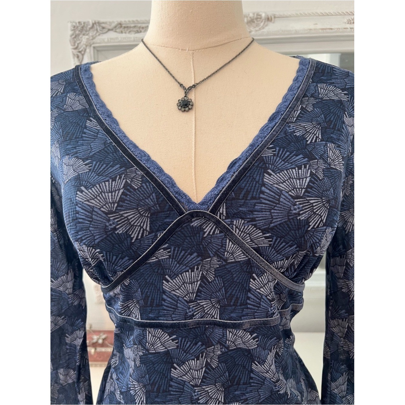 vintage 90s navy blue patterned babydoll mesh top with lace and velvet trim