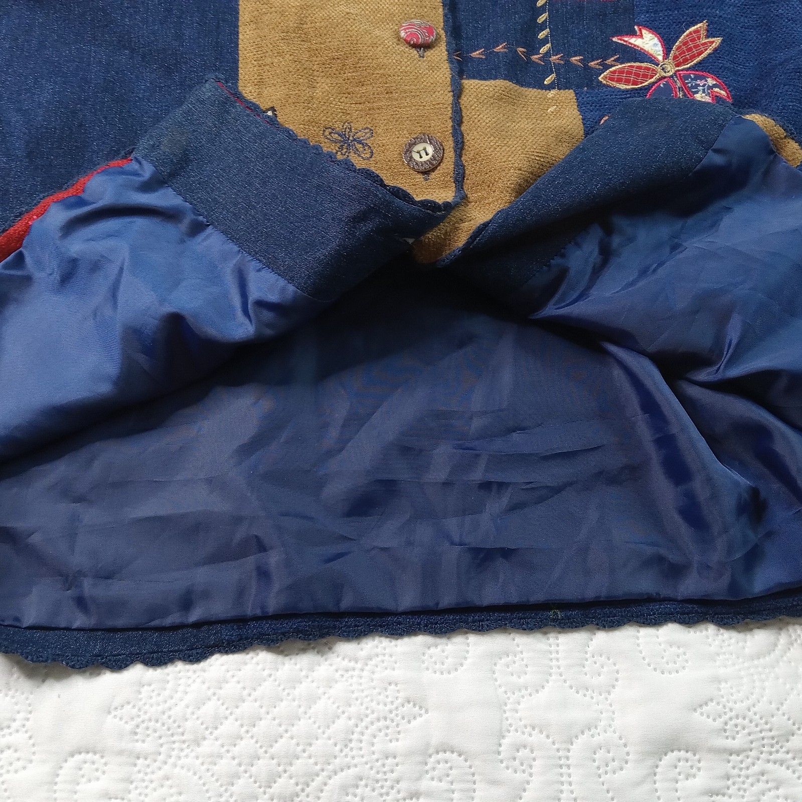 Koret City Blues Patchwork Jacket W-16 Mixed Media Lined Embroidery Vtg 90s Flaw