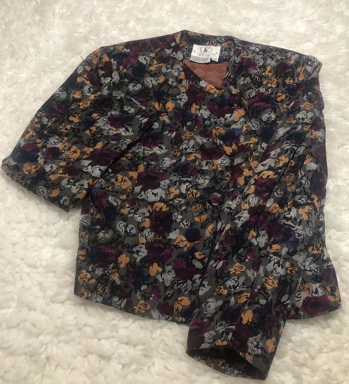 Vintage Flora Kung 1980&rsquo;s 100% Silk Blazer Floral Print Multicolor Size 6