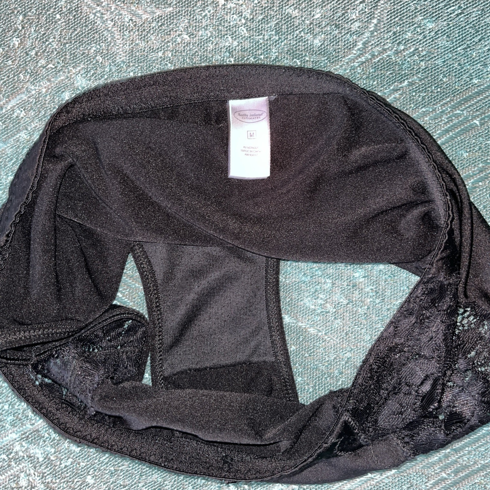 Vtg Kathy Ireland Medium Panties Second Skin Black & Tan Lace Satin Brief Shaper