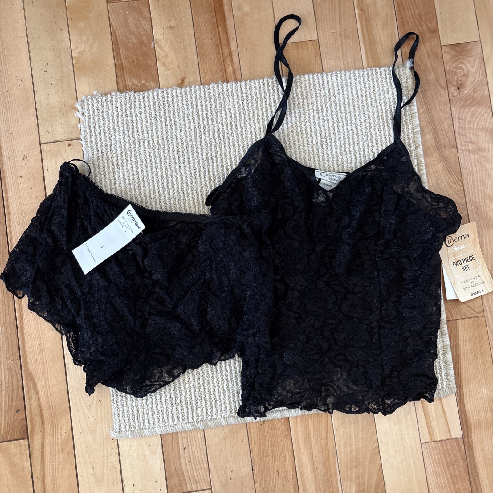 Vintage Cinema Etoile Lace 2pc solid stretch black Lingerie nylon Small NWT