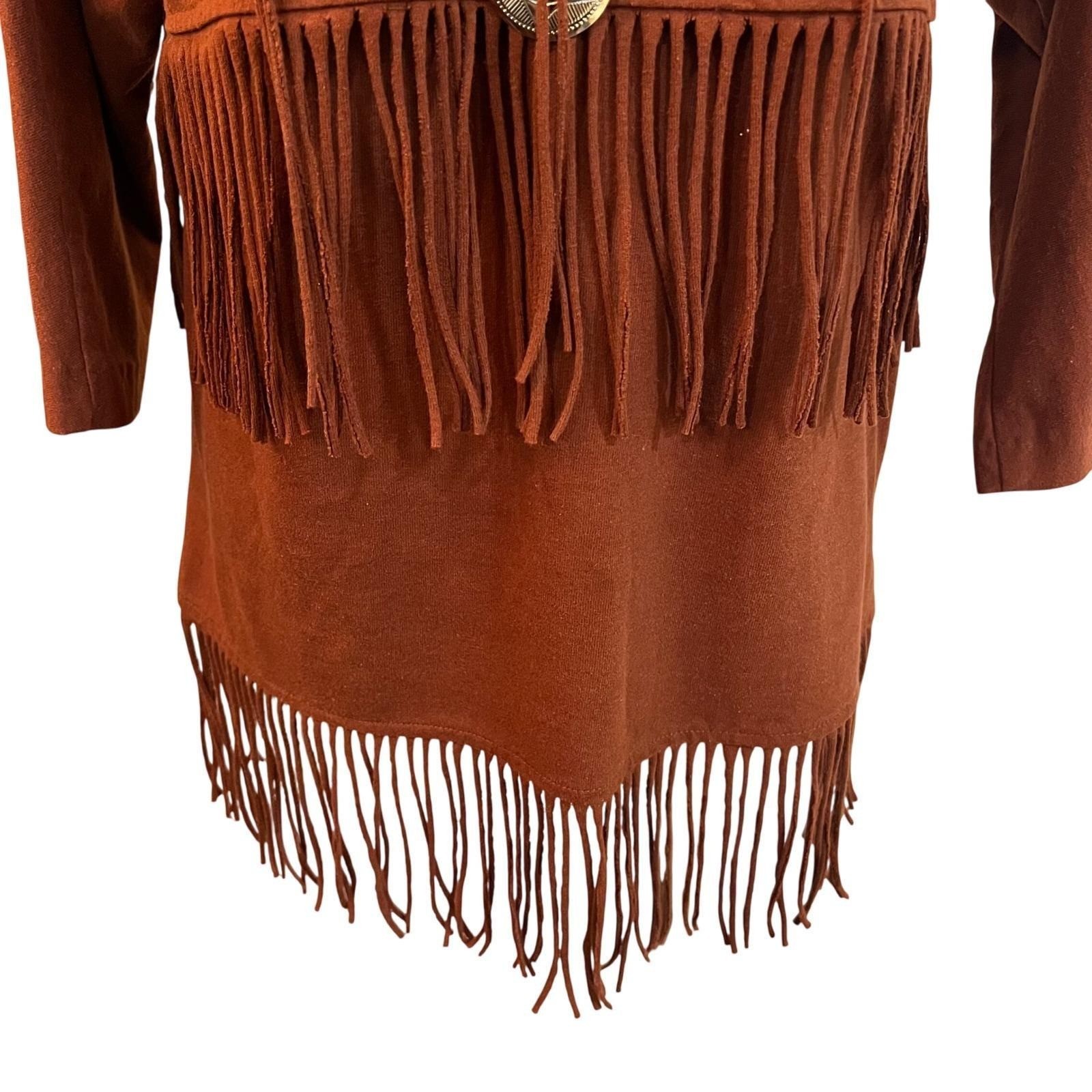 Vintage Western Fringe Tunic Top Rust Brown Boho Cowgirl Concho Size L