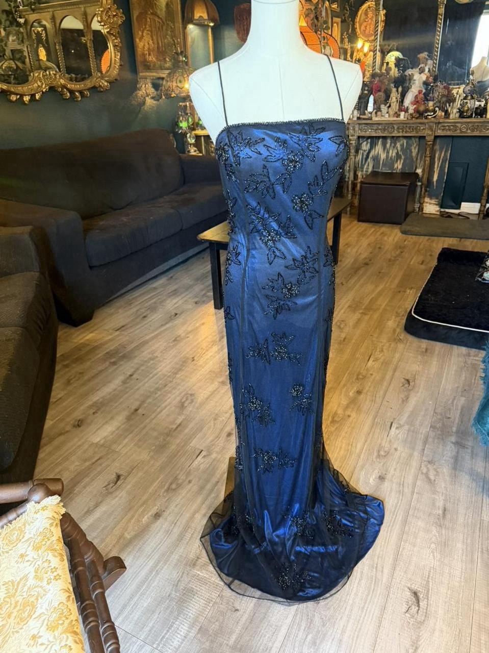 Vintage Black Beaded Mesh Overlay Evening Gown | Metallic Blue | Y2K Formal