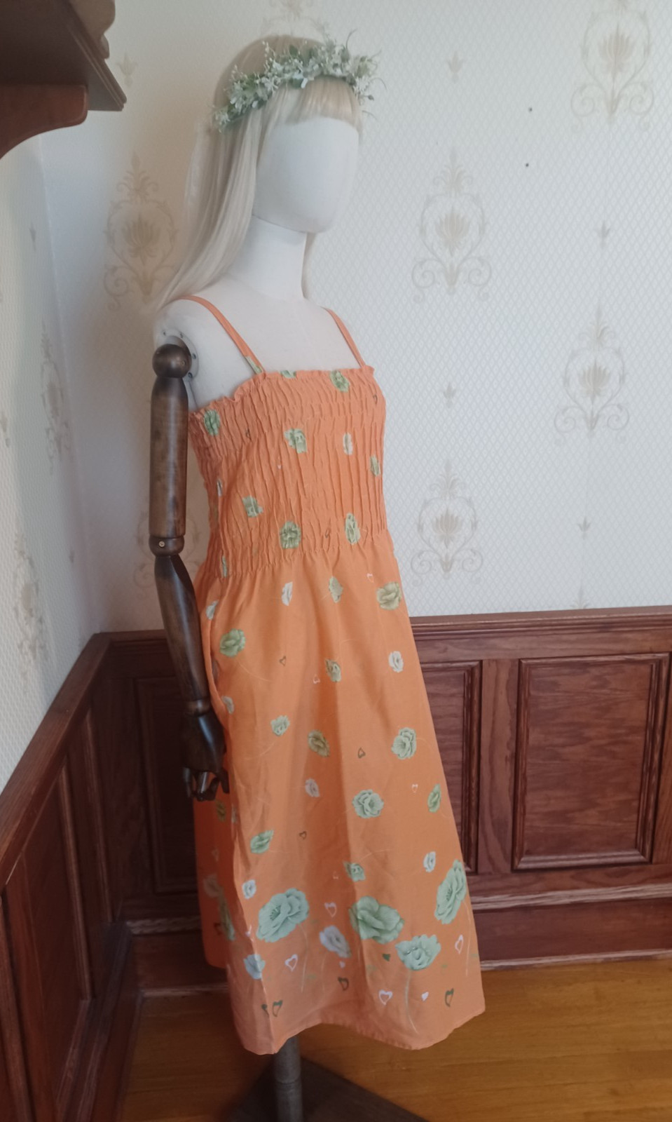 Vintage 1960s/70s Sinderella Orange Floral Smocked Cottagecore Boho Sundress XL