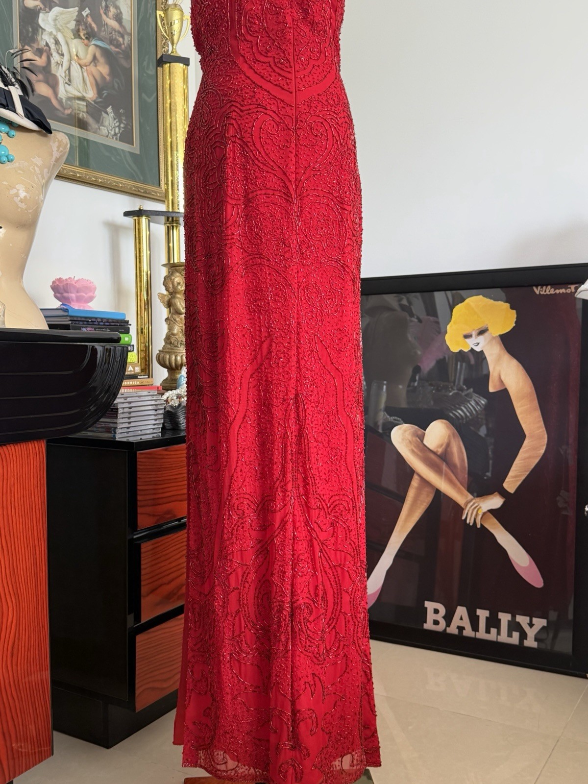 Vintage Cache Red Fully Beaded Evening Gown Deadstock NWT Size M