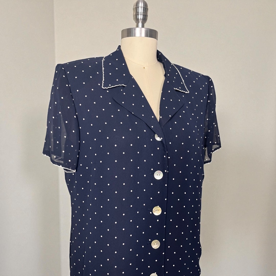 NWT VTG 90s Plaza South Coast 12P Maxi Navy Blue & White Polka Dot Shirt Dress