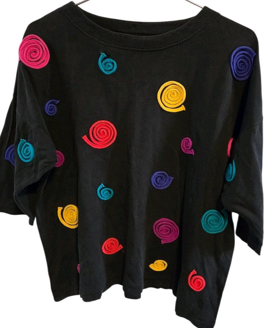 Vintage Rafaella Black Spiral Applique Top Colorful Art Tee 90s Retro Size M/L