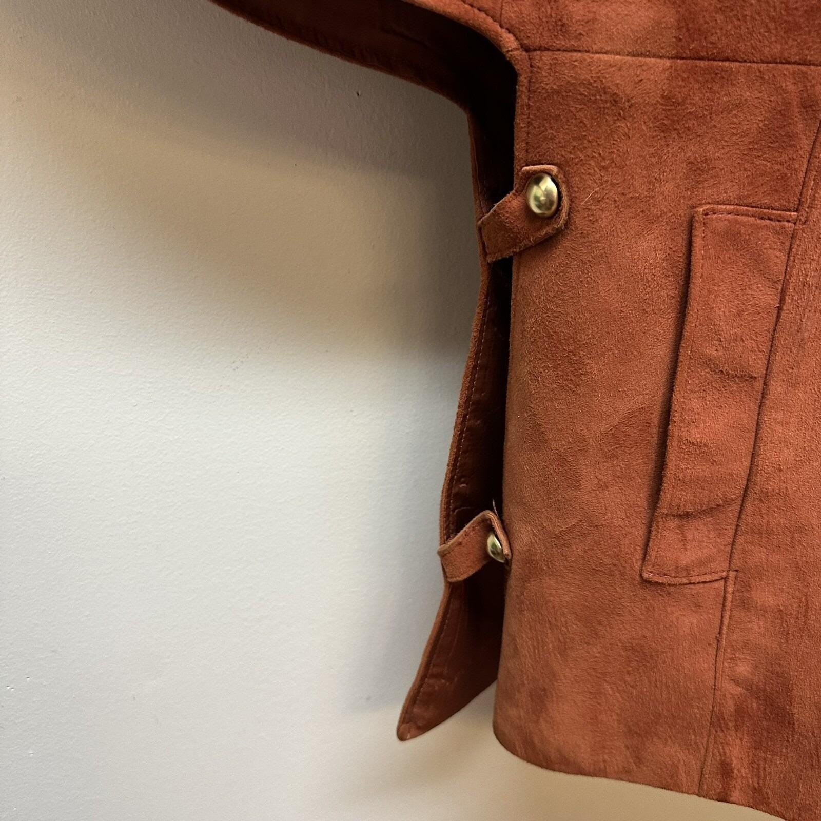 Vintage Hippie Rust Orange Suede Leather Cape Sleeve Coat Jacket Open Sides