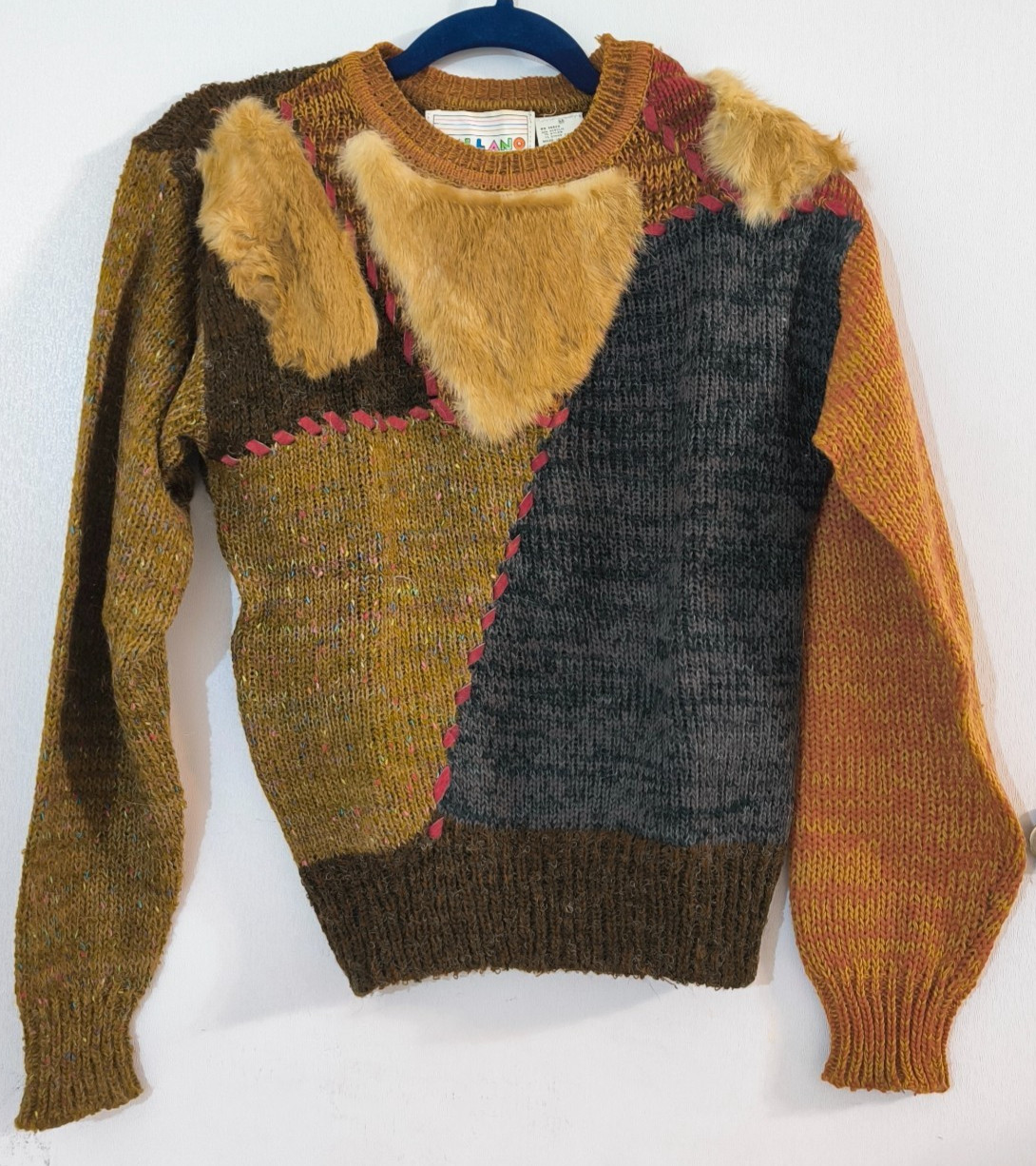 Vintage A&rsquo;Milano 70&rsquo;s Sweater Color Block Faux-Fur Patches Size M Made in USA