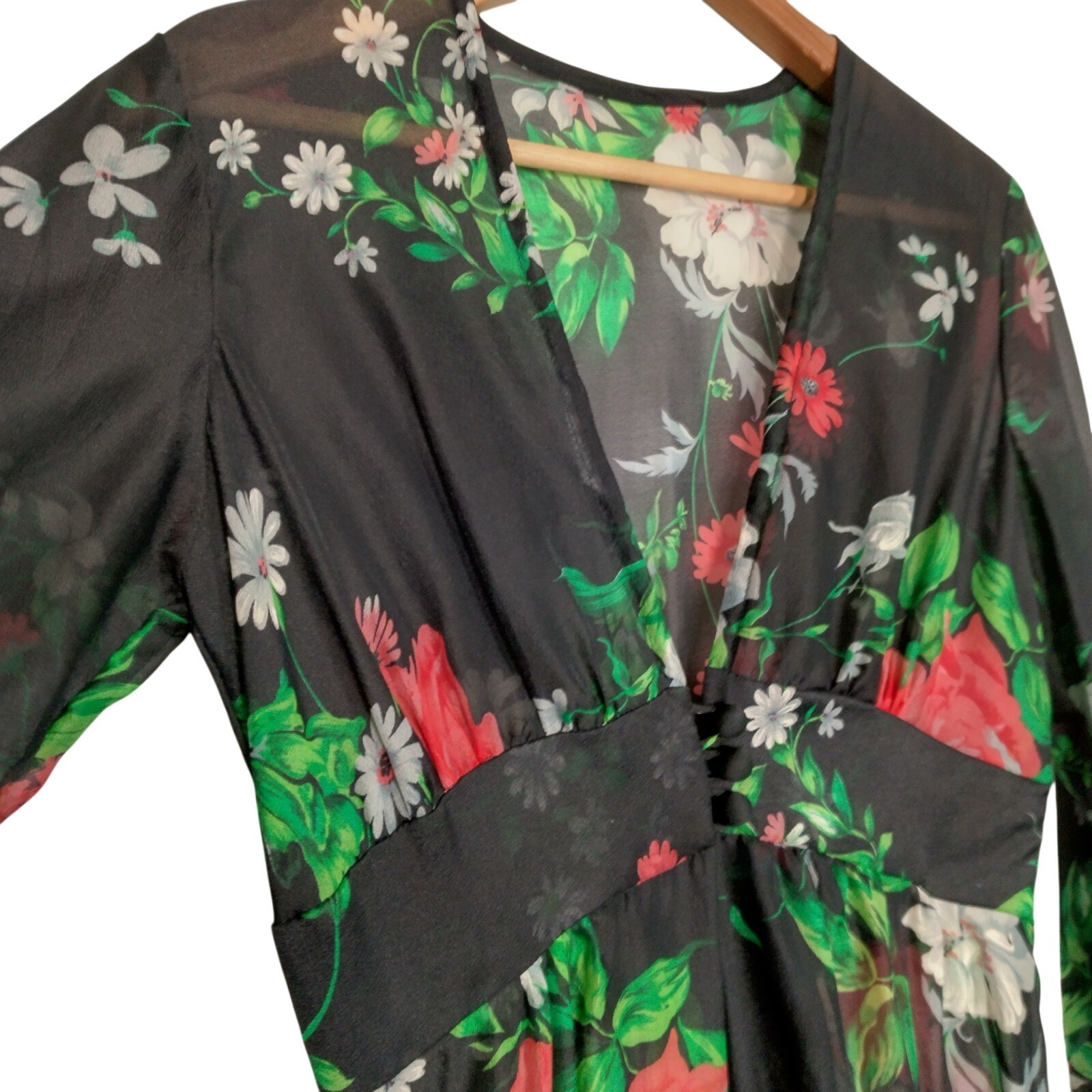 Vintage 1970s Sheer Dress Robe Size 5-6 Black Daisy Floral Hippie Boho