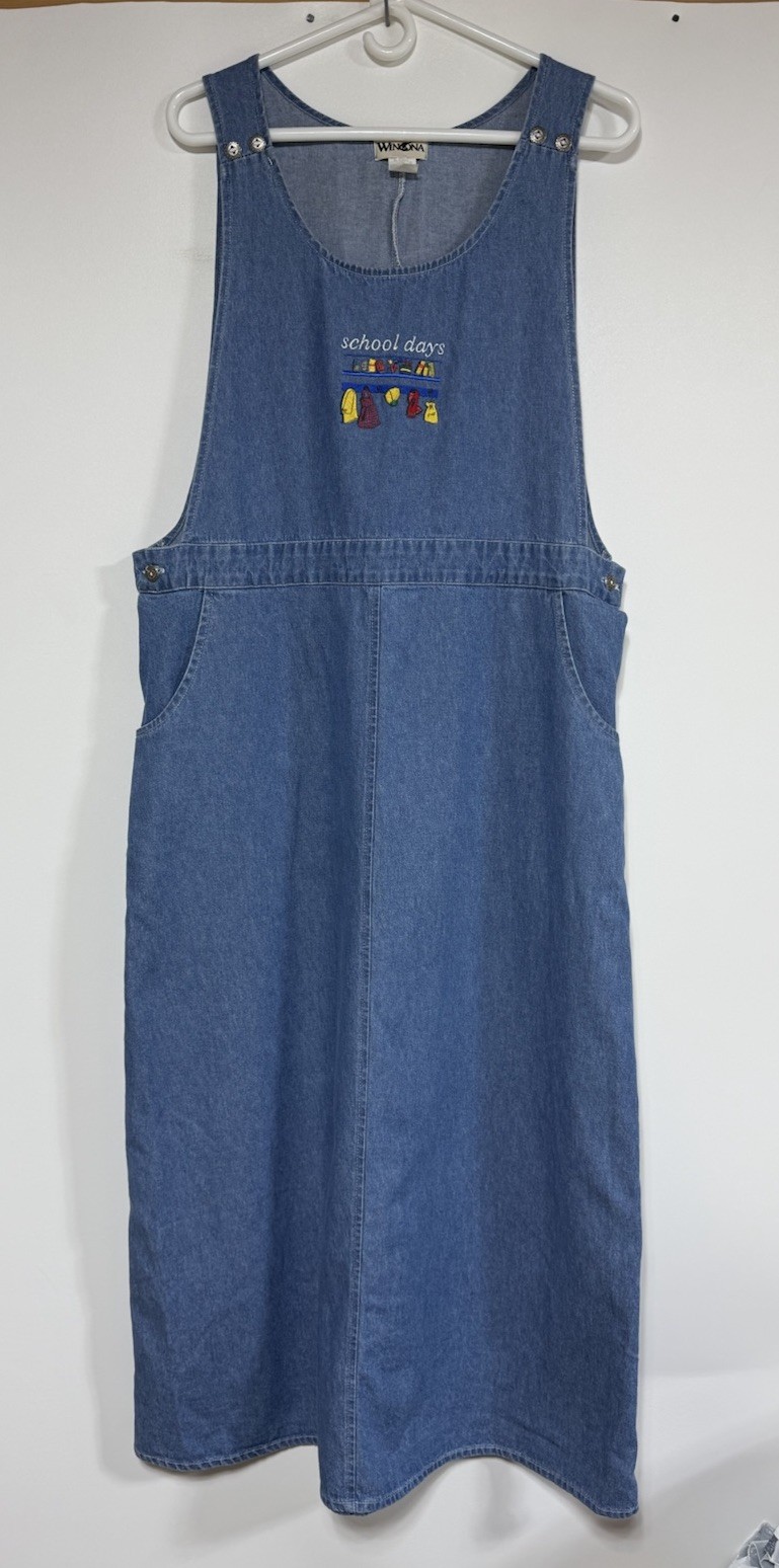 Vintage 90s Denim Teacher Maxi Dress Jumper XL Pockets Cotton Cottagecore Granny