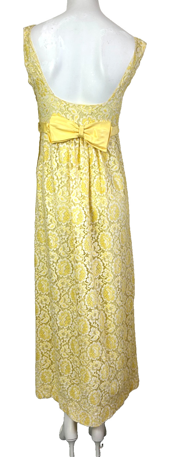 50s Lace Column Dress Size Small 4-6 Yellow Bow Backless Sleeveless Vintage VGUC