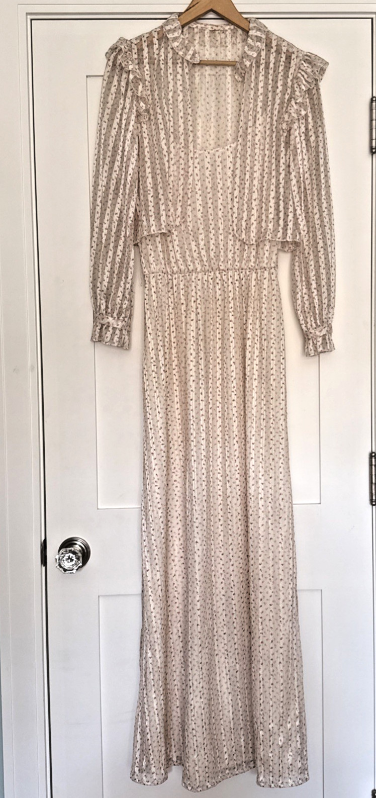 Vintage 1980’s Long Dress Cream With Pink Rosebuds Spaghetti Straps Jacket Set