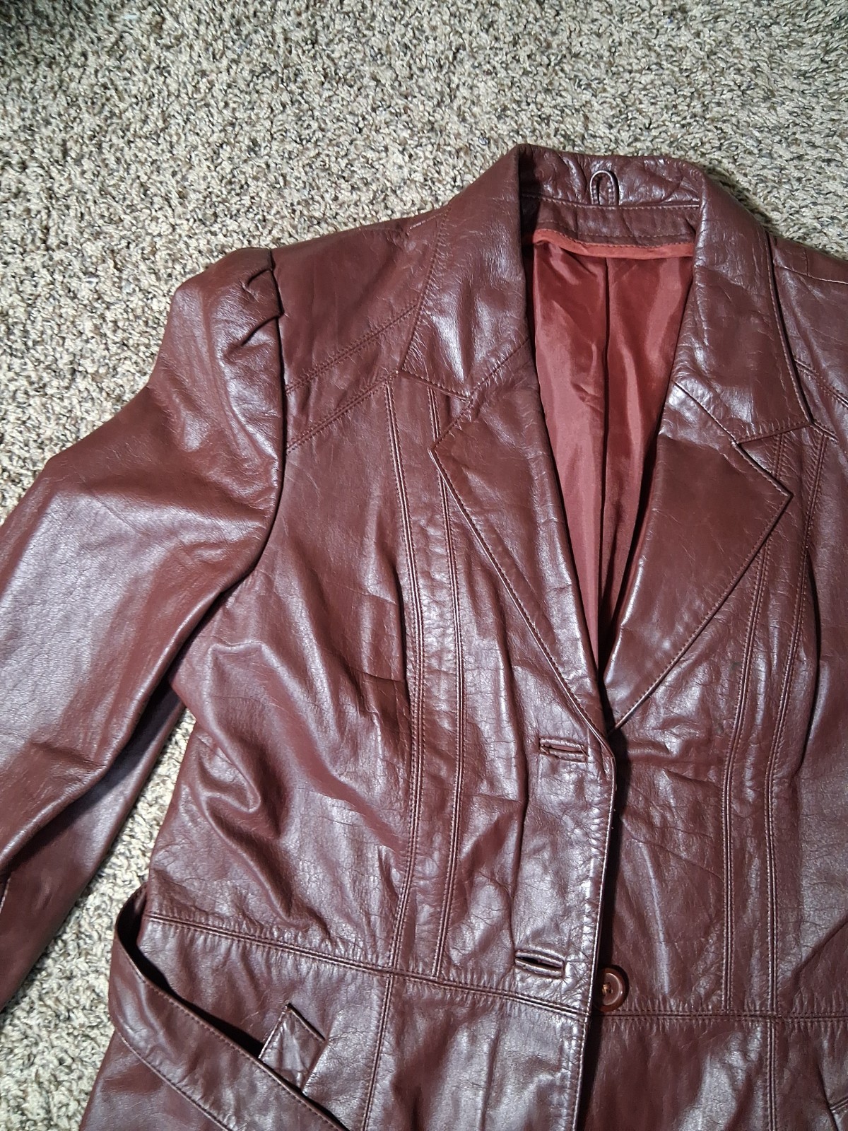 Vintage Genuine Leather Jacket Coat Womens 16 Oxblood Burgundy Retro 70s TD38D