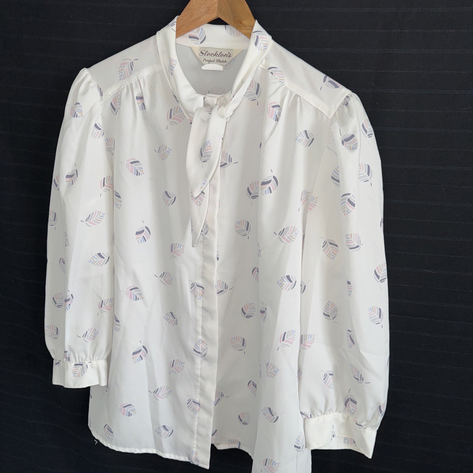 Vintage 80s Stocktons white pastel leaf printed blouse shirt pussybow tie sz 14