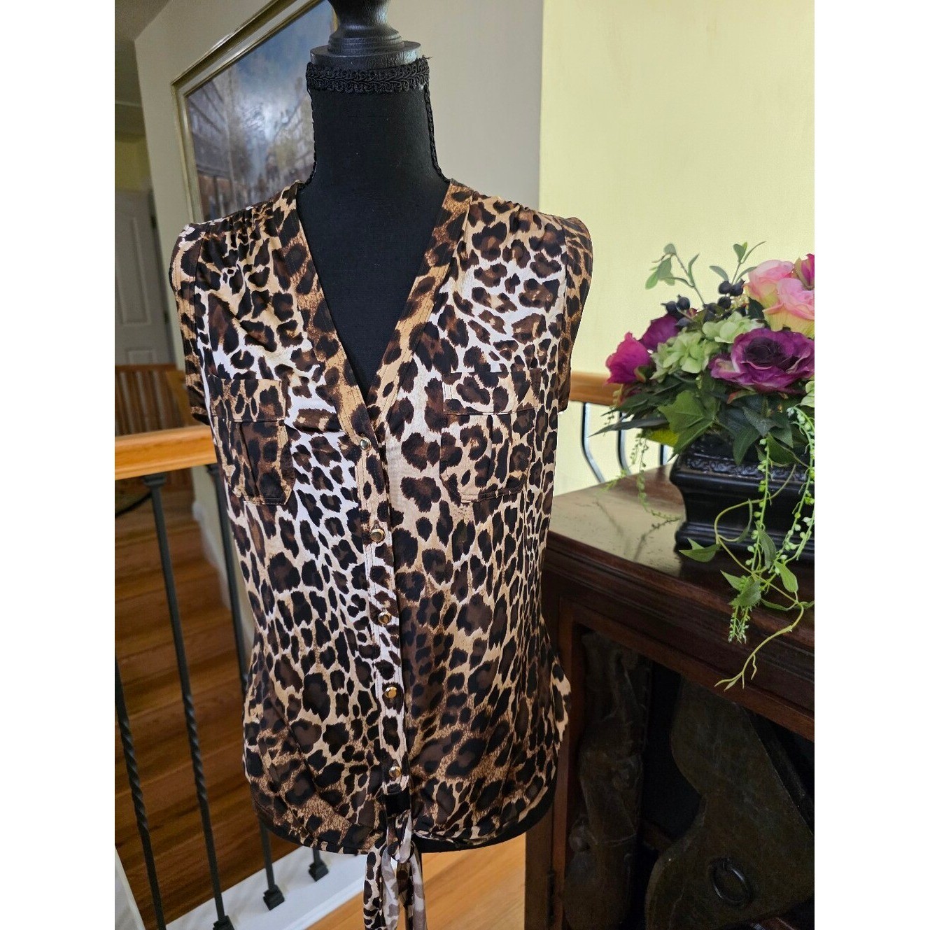 Cache Leopard Print Tie-Front Sleeveless Tank in Brown and Black Size S